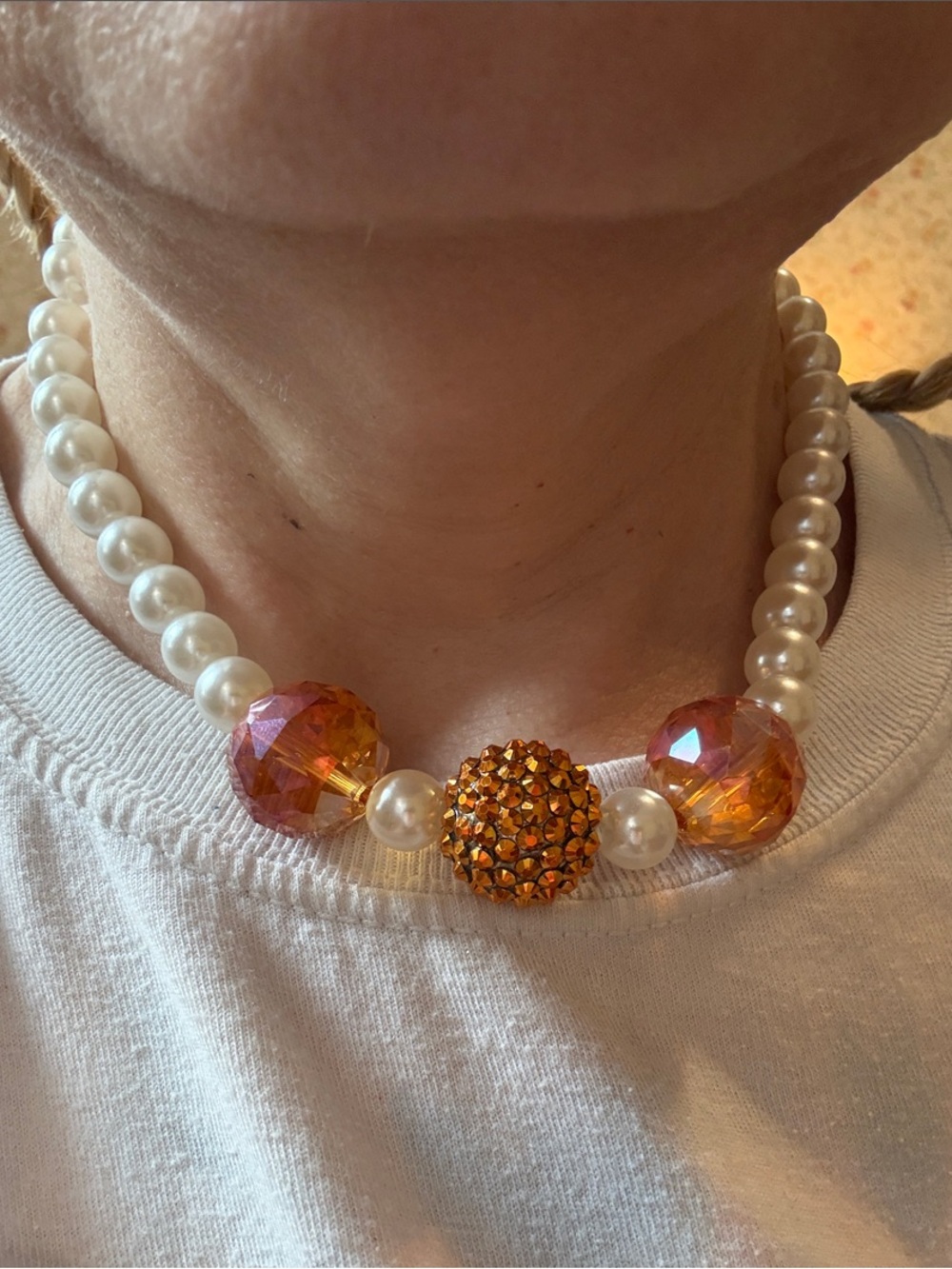Hand-Crafted Pearl Necklace with Gold-Orange Crystal Accent